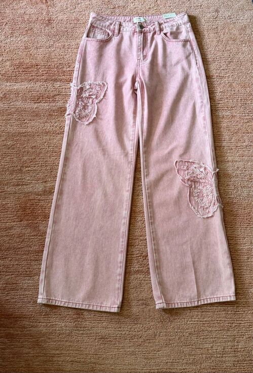 1030 Tenthirty Denim - 1030 Tenthirty Pink Baggy Wide Leg Jeans XS Butterfly Applique NWT